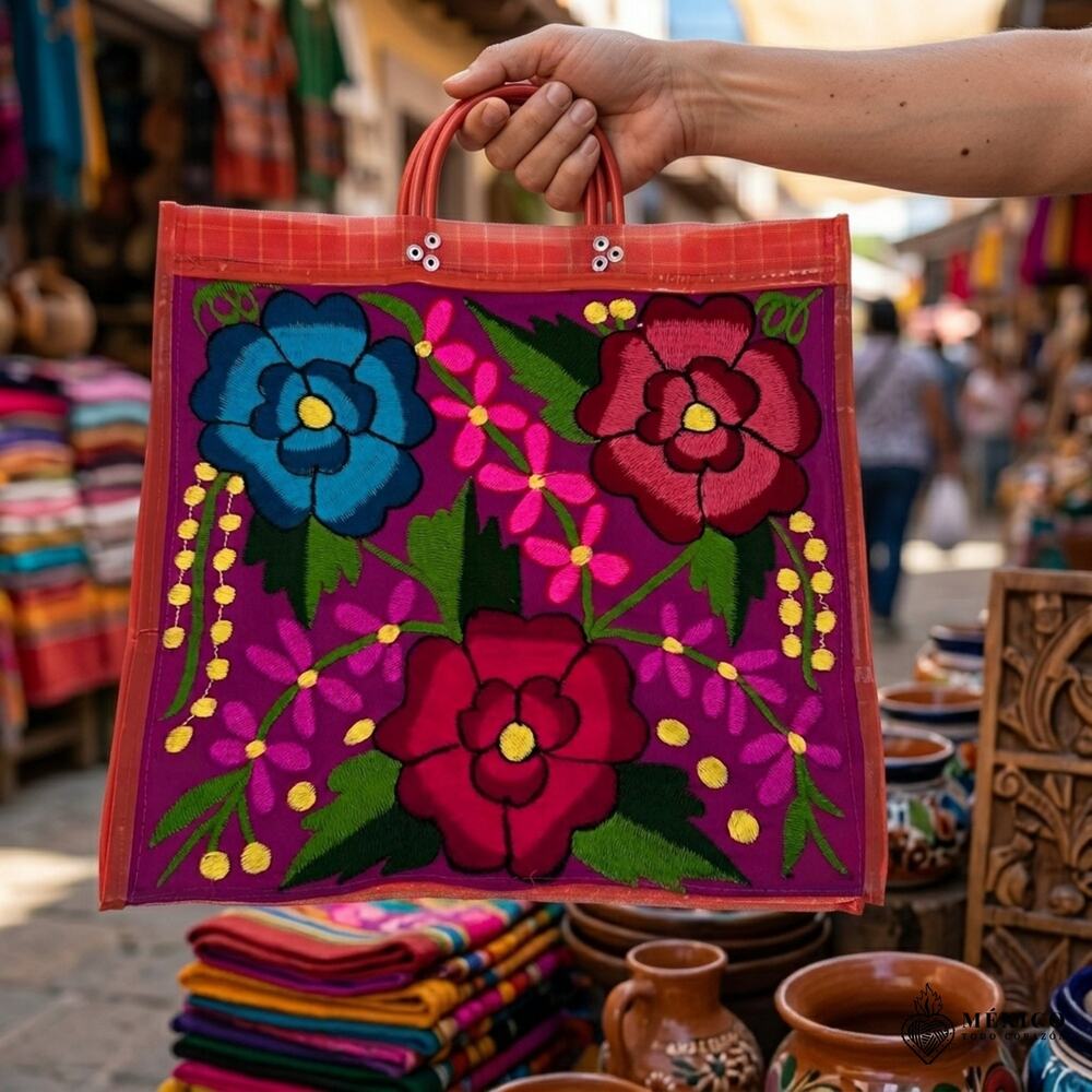 Embroidered Mexican Mercado Tote Bag – Plastic Woven Market Style 16LX 15W in